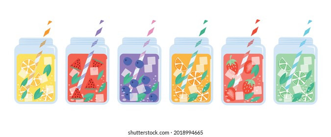 Set Of Fresh Drinks With Ice Cubes And Sliced Fruits In Jar Vector Illustration. Different Fruity Beverage.
