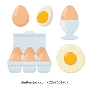 Set of fresh eggs in box, fried and boiled eggs. Ingredients for baking and cooking. Healthy organic food. Vector flat icon illustration isolated on white background.