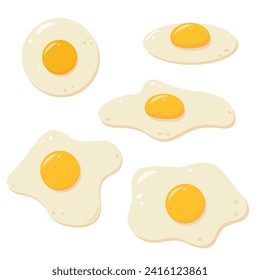 Set of fresh eggs in different views. Healthy organic food for breakfast. Cooked fried eggs meal collection. Egg yolk and white. Vector flat icon illustration isolated on white background.