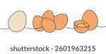 Set of fresh eggs one line colored continuous drawing. Boiled eggs, broken eggshell, omelette, protein and yolk. Vector illustration