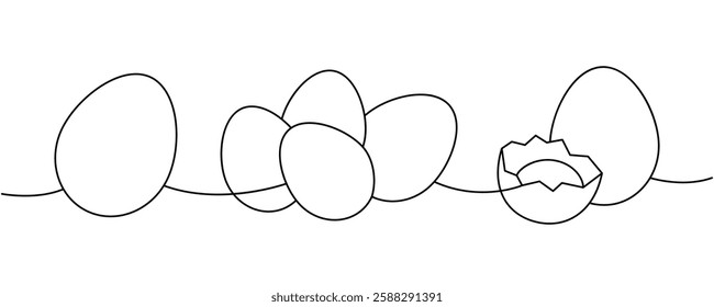 Set of fresh eggs one line continuous drawing. Boiled eggs, broken eggshell, omelette, protein and yolk. Vector illustration