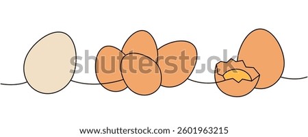 Set of fresh eggs one line colored continuous drawing. Boiled eggs, broken eggshell, omelette, protein and yolk. Vector illustration