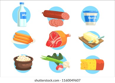 Set Of Fresh Farm Products Colorful Stickers With Blue Circle On The Background In Detailed Simple