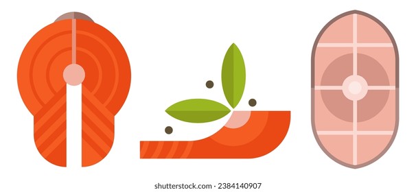 Set fresh fish steak. Abstract geometric art. Modern fashion vector illustration. Creative minimal kitchen composition. Collection bright design food element in bauhaus trendy style.