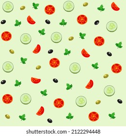 Conjunto de verduras planas frescas sobre fondo verde claro. Ilustración perfecta. Patrón vectorial. Trozos de pepino y tomate, aceitunas, perejil y estropajo de cilantro.