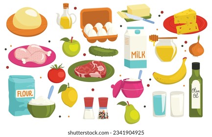 Set of fresh food ingredients for cooking. Vector graphic.