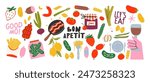 Set of fresh food products. Grocery basket, dishes, baked goods, drinks, delicacies, ingredients. Fresh grocery products. Cartoon doodle cartoon retro supermarket stickers