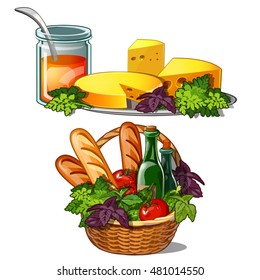 Set fresh food. Vegetables, cheese, wine and bread. Vector illustration.
