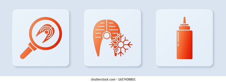 Set Fresh frozen fish steak, Fish steak in frying pan and Sauce bottle. White square button. Vector