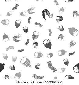 Set Fresh frozen fish steak, Bacon stripe, Salami sausage and Salami sausage on seamless pattern. Vector