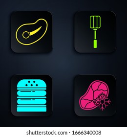 Set Fresh frozen steak meat, Steak meat, Burger and Spatula. Black square button. Vector