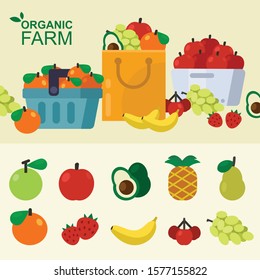 set of fresh fruit basket, paper bag, cart, local store. vector illustration 
