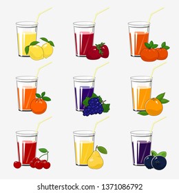 Set of Fresh Fruit and Berries Juices, Glass with Citrus Juice and a Straw Isolated on a White Background , Summer Time, Vector Illustration