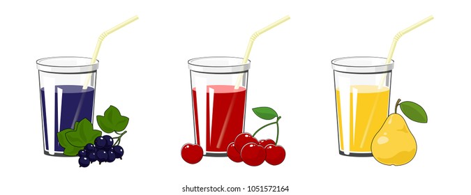 Set of Fresh Fruit and Berry Juices, Blackcurrant with Cherry and Pear , Glass with Juice and a Straw Isolated on White Background , Summer Time, Vector Illustration