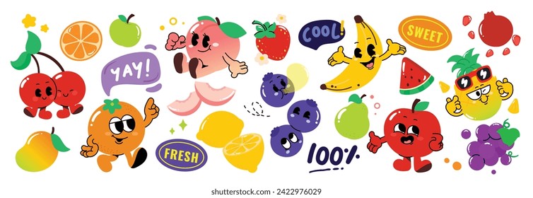 Set of fresh fruit groovy element vector. Funky fruits character design of banana, lemon, apple, strawberry, peach, orange. Summer juicy illustration for branding, sticker, fabric, clipart, ads.