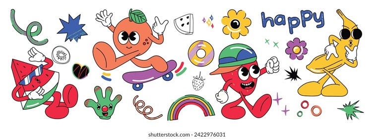 Set of fresh fruit groovy element vector. Funky fruits character design of banana, orange, strawberry, watermelon. Summer juicy illustration for branding, sticker, fabric, clipart, ads.