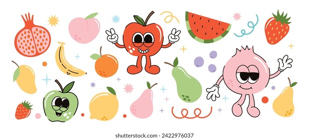 Set of fresh fruit groovy element vector. Funky fruits character design of banana, lemon, apple, strawberry, pomegranate. Summer juicy illustration for branding, sticker, fabric, clipart, ads.