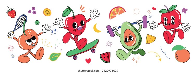 Conjunto de vectores de elementos de frutas frescas. Frutos de la fruta, diseño de cereza, aguacate, manzana, naranja, fresa. Ilustración de verano jugosa para marca, pegatina, tela, clipart, anuncios.