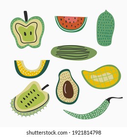 Set of fresh fruit isolated on white background. Assortment of different fruits includes apple, watermelon, papaya, mango, avocado, pomegranate, chili, cucumber. Vector illustration