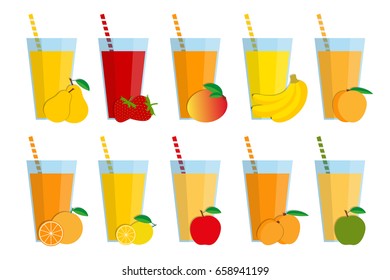 Set of fresh fruit juices and cocktails, fruit smoothie collection isolated on white background, pear, strawberry, mango, banana, peach, orange, lemon, red apple, apricot, green apple