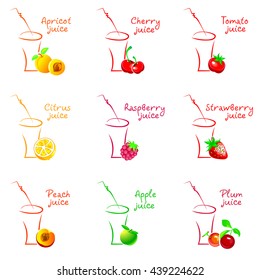 Set of fresh fruit juices from fresh fruits for restaurants apple, peach, cherry, tomatoes, raspberries, strawberries, apricots