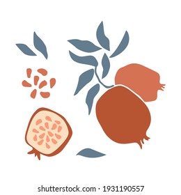 Set of fresh fruit red pomegranate with green leaf, seed in hand drawing style isolated on white background. Vector flat illustration. Design for textiles, labels, posters, card