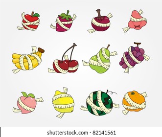 set of fresh fruit and ruler health icon