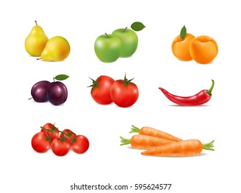 set of fresh fruit and vegetables on white background