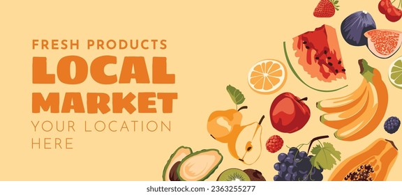 Set of fresh fruits. Agriculture, farmers market, local produce, shopping and harvesting, text poster. Vector flat illustration