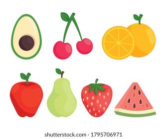 set of fresh fruits and avocado vector illustration design