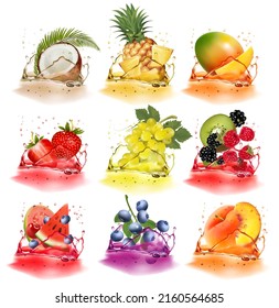 Set of fresh fruits and berries in juice splash. Pineapple, strawberry, raspberry, blackberry, coconut, blueberry, mango, watermelon, kiwi. Vector