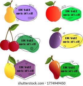 Set of fresh fruits and berries. Logo, labels, stickers and badges for discounts. Vector illustration.
