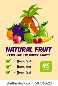Set of fresh fruits. Calories and useful properties. The poster on the theme of healthy eating for printing. Vegetarianism, taking care of yourself. Juicy, ripe. Vector illustration