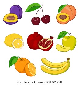 Set of fresh fruits: cherry, apple, lemon, plum, pomegranate, peach, orange, bananas