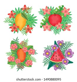 set of fresh fruits with flowers and leafs frames