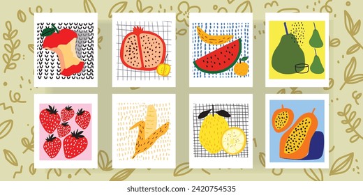 Conjunto de frutas frescas en ilustraciones de estilo vintage. Banana, manzana, fresa, piña, pera, albaricoque, naranja, limón, sandía vectorial colección de frutas.