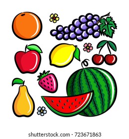Set of fresh Fruits. Simple vector illustrations lemon, apple, orange, strawberry, pear, cherry, grape, watermelon.