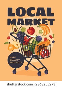 A set of fresh fruits in a supermarket cart. Agriculture, farmers market, local produce, shopping and harvesting, text poster. Vector flat illustration