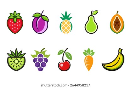 Set of fresh fruits vector illustration including Strawberry, plum, pineapple, pear, papaya, kiwi, grapes, cherry, Carrot and banana