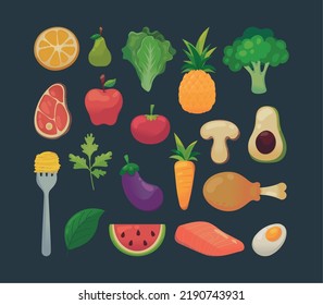 set of fresh fruits and vegetables