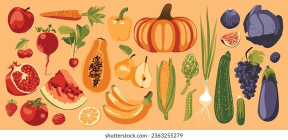 Conjunto de frutas y verduras frescas como elementos de diseño arcoiris. Agricultura, mercado de agricultores, productos locales, compras y cosecha, cartel de texto. Ilustración plana del vector