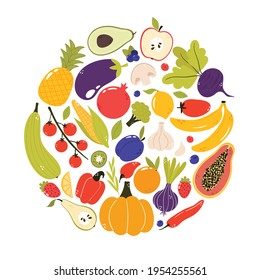 Set of fresh fruits and vegetables in round shape. Organic healthy food concept. Vegan menu. Hand drawn vector illustration, cartoon style, isolated on white background. 
