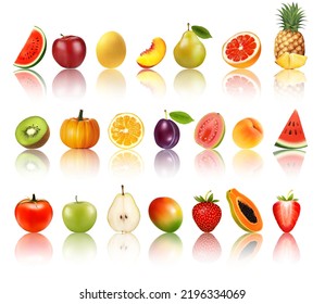 Set of fresh fruits and vegetables. Watermelon, honey melon, peach, pear, grapefruit, kiwi, pumpkin, orange, plum,  apple, grapefruit, kiwi, strawberry, papaya, mango, guava. Icons. Vector