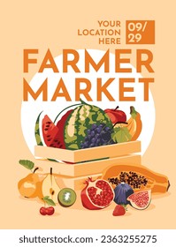 A set of fresh fruits in a wooden box. Agriculture, farmers market, local produce, shopping and harvesting, text poster. Vector flat illustration