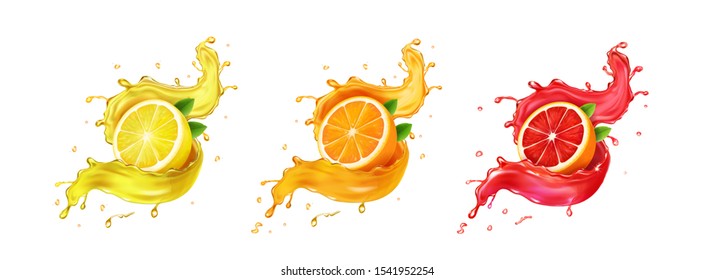 Set fresh grapefruit, lemon, orange juice splashes. Realistic citrus splashing drink Vector.