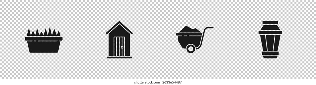 Set Fresh grass in a rectangular, Farm house, Wheelbarrow with dirt and Garden light lamp icon. Vector