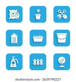 Set Fresh grass in a rectangular, Garden fence wooden, Tree, Bucket, sprayer for fertilizer, Farm house, Shovel and rake and Corn the sack icon. Vector