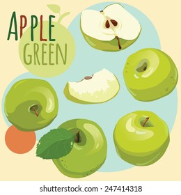 Set of fresh green apples with green leafs. Vector.