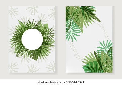 Set of fresh green color frames with round and corners mess of hand drawn tropical leaves. Trendy vertical exotic greenery border for summer greeting cards, banner design, wedding decoration