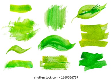 Set of fresh green hand drawn watercolor vector design elements,splashes,stains,dabs,leaf, on the white background for your gesign